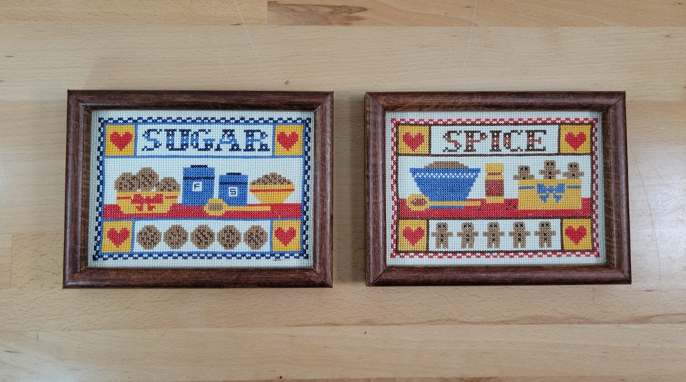 Pair Framed Cross Stitch Sugar And Spice Wall Art Kitchen Decor 80s 8” x 6”